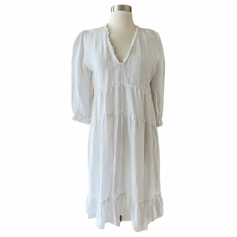 CLAUDE TULUM Natural Dress Tiered Cotton V-Neck Flounce 3/4 Sleeves White Medium - Picture 15 of 15